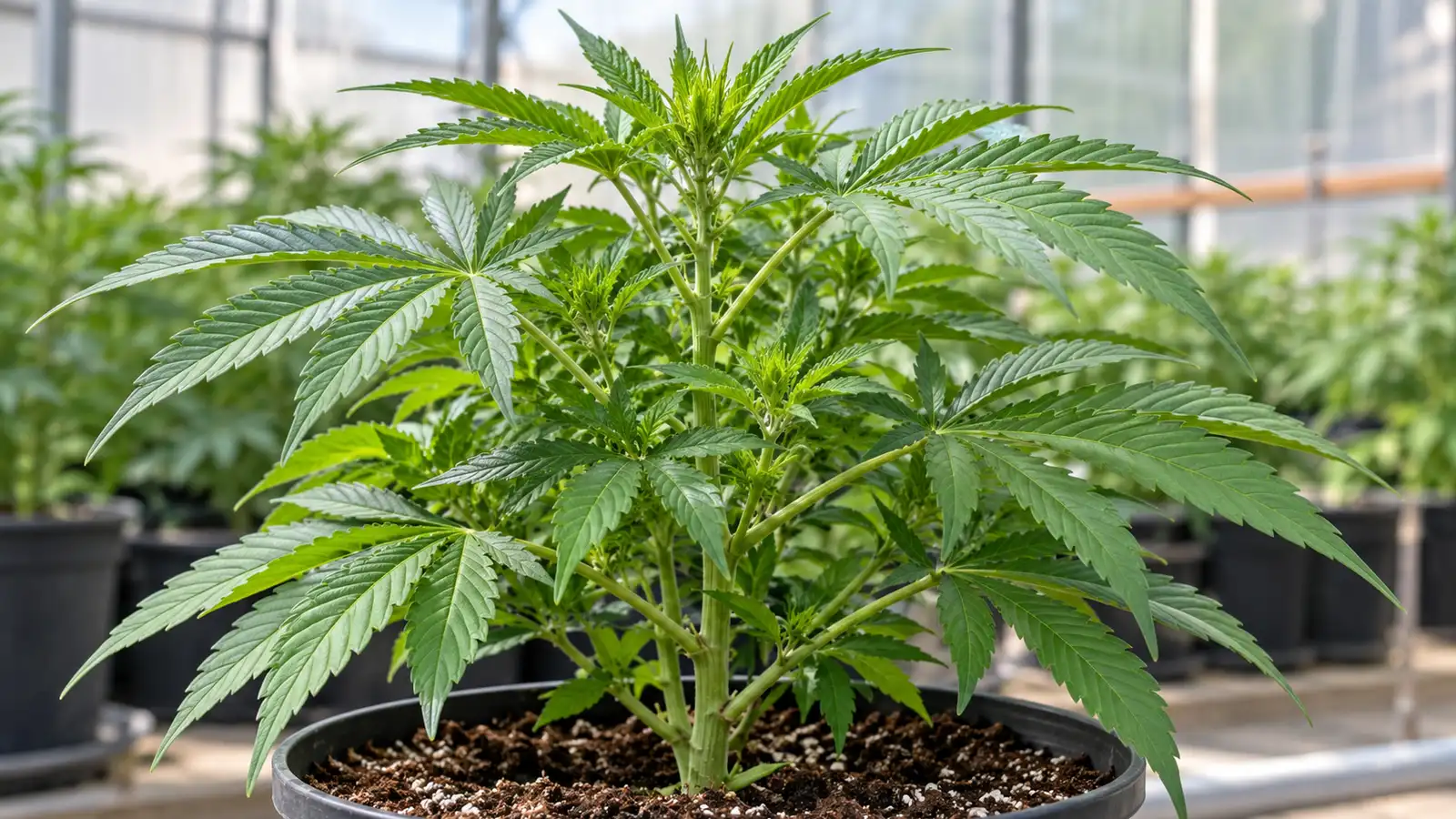 A young cannabis plant shows green fan leaves and fresh shoots during vegetative growth.