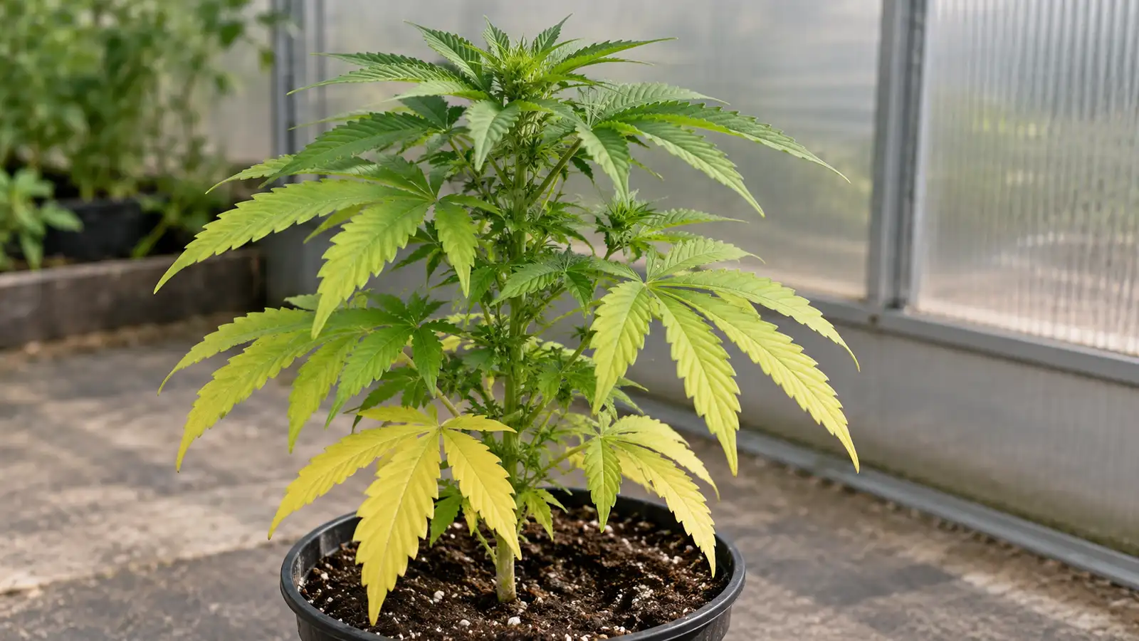 Older lower cannabis leaves are yellow while the newer upper leaves remain green.