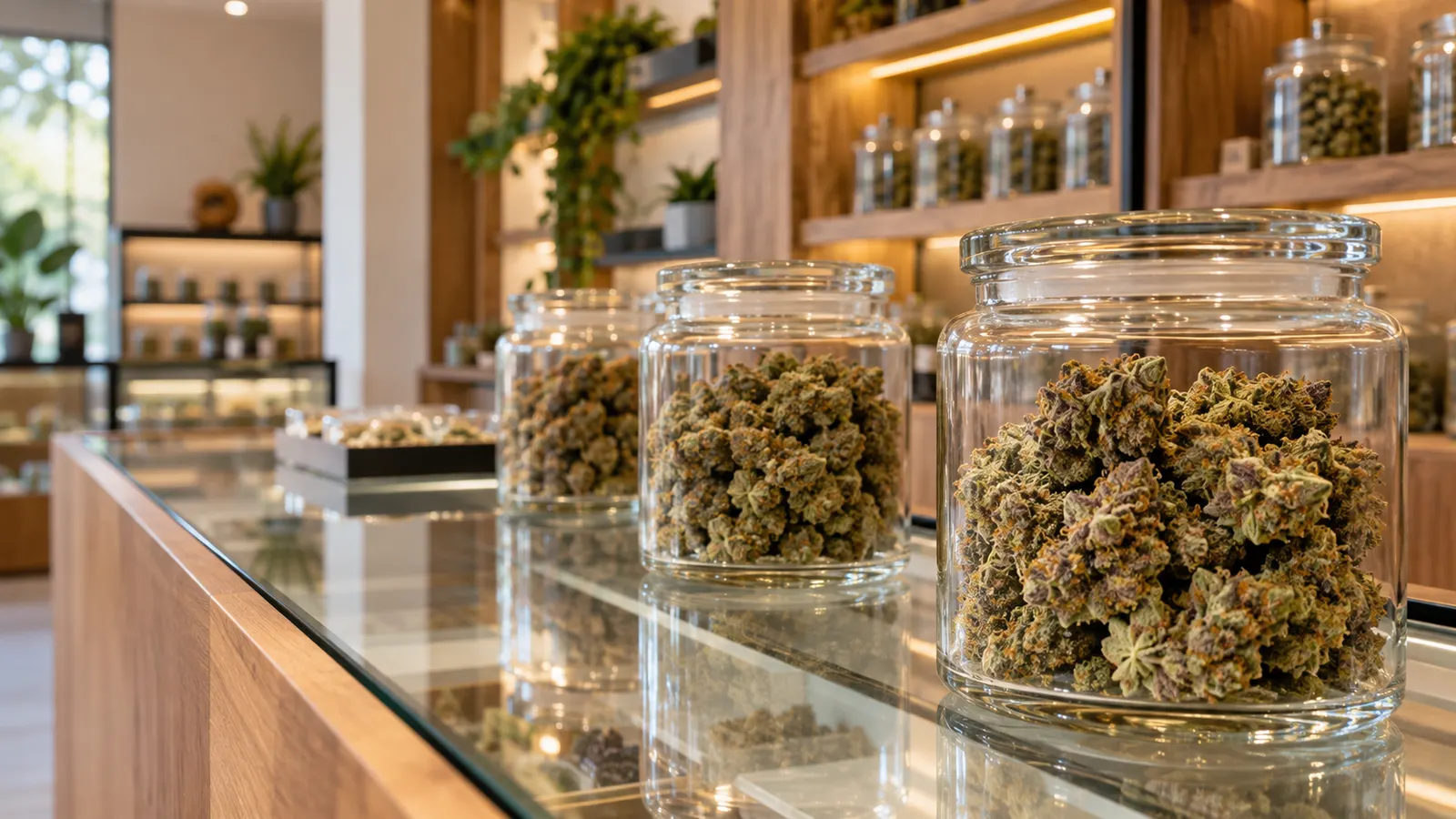Barattoli di fiori di cannabis senza etichetta su un bancone di vetro in un negozio tranquillo.
