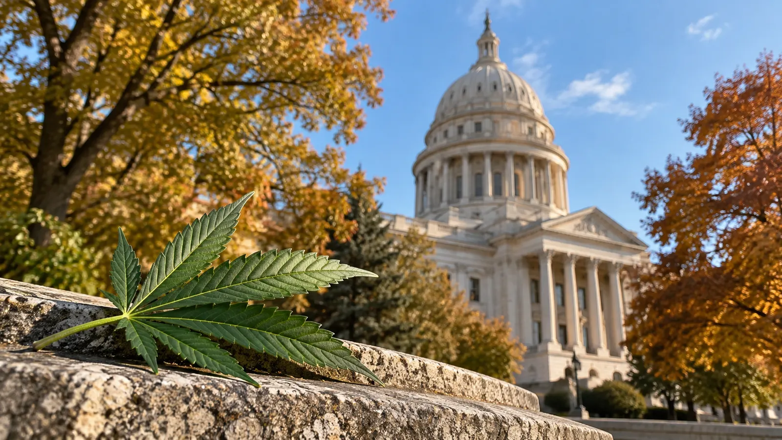 Una foglia di cannabis su un parapetto di pietra con un edificio governativo a cupola sullo sfondo.