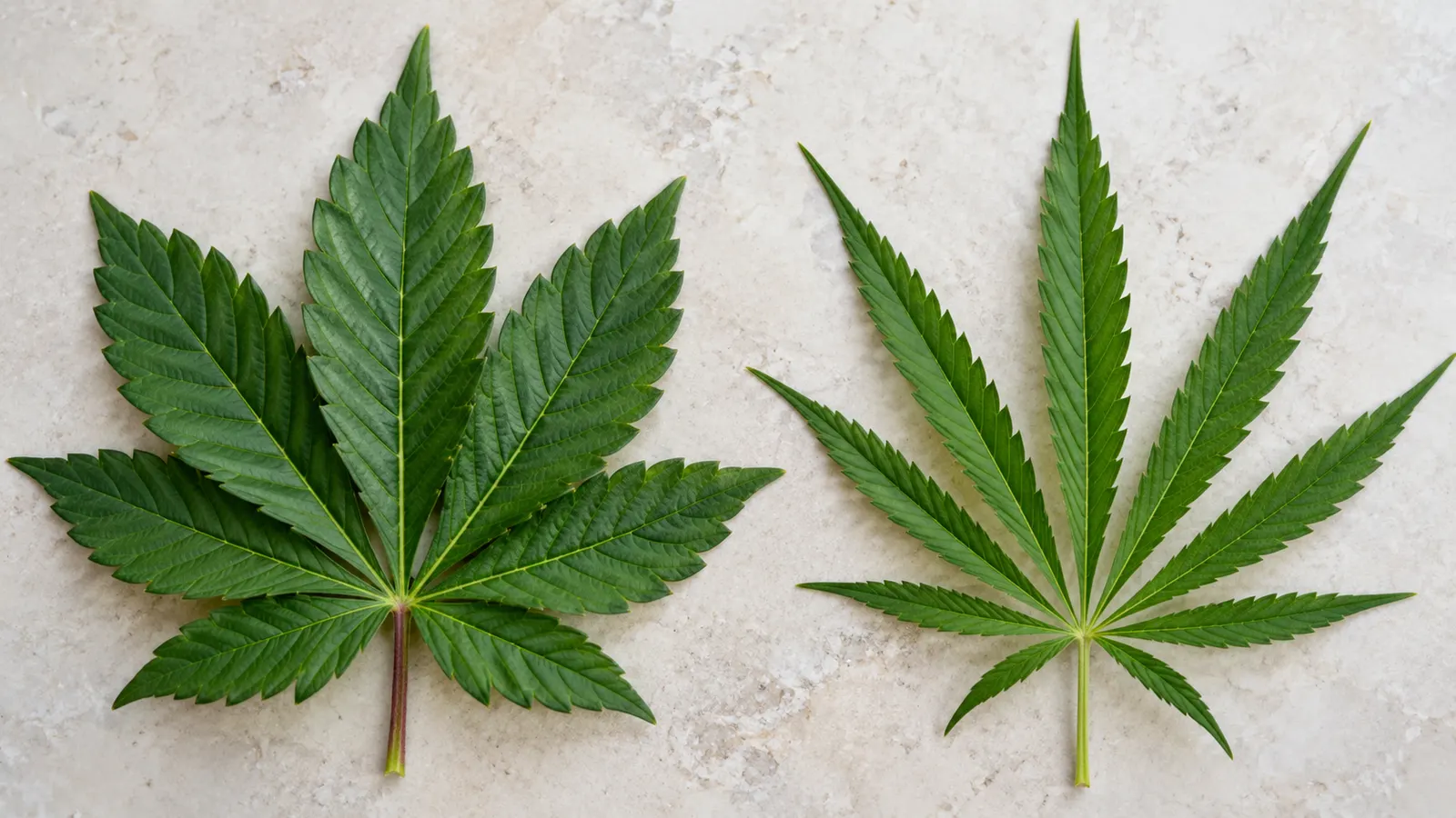 Broad and narrow cannabis fan leaves lie side by side on a pale surface.