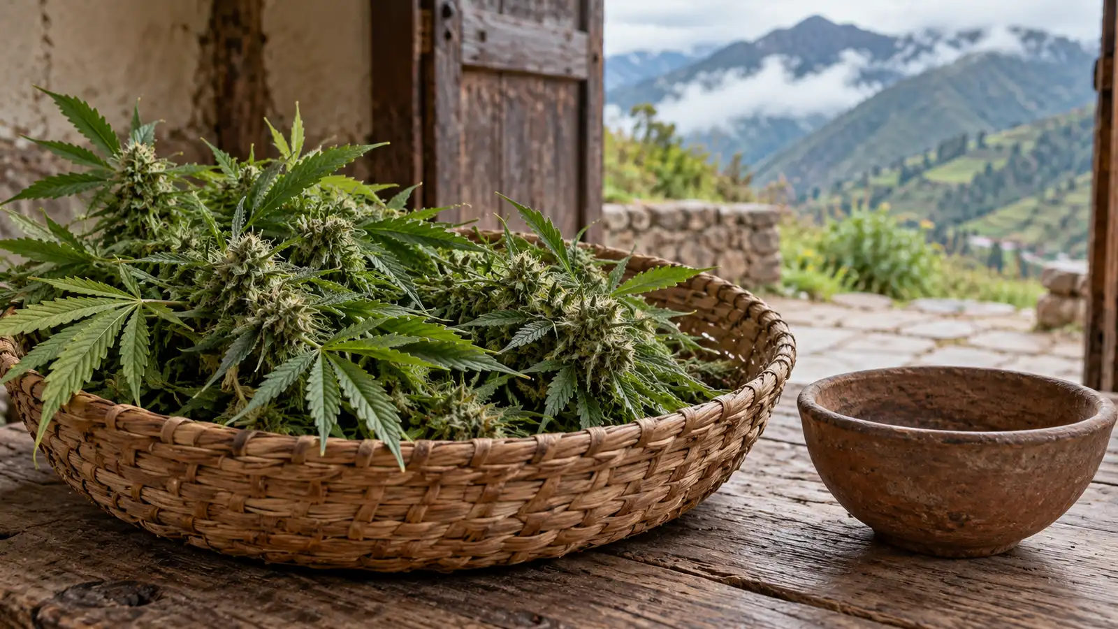 Cannabis sprigs rest in a woven basket beside an earthenware bowl with misty hills beyond.
