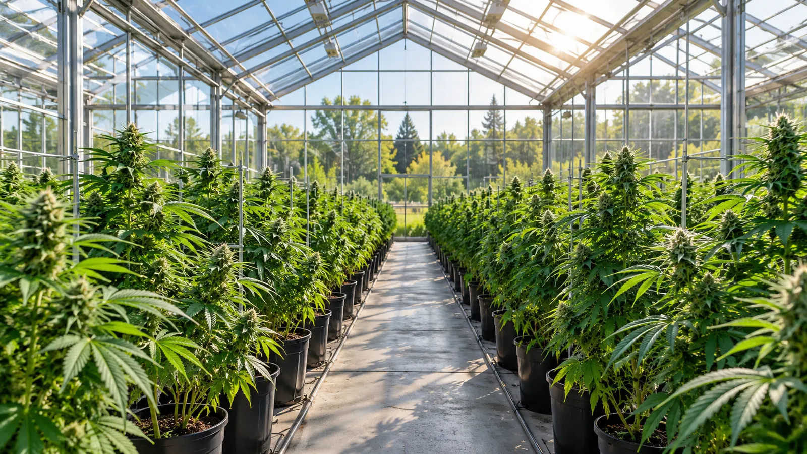 Des rangées de plants de cannabis reçoivent la lumière naturelle du soleil dans une serre en verre.