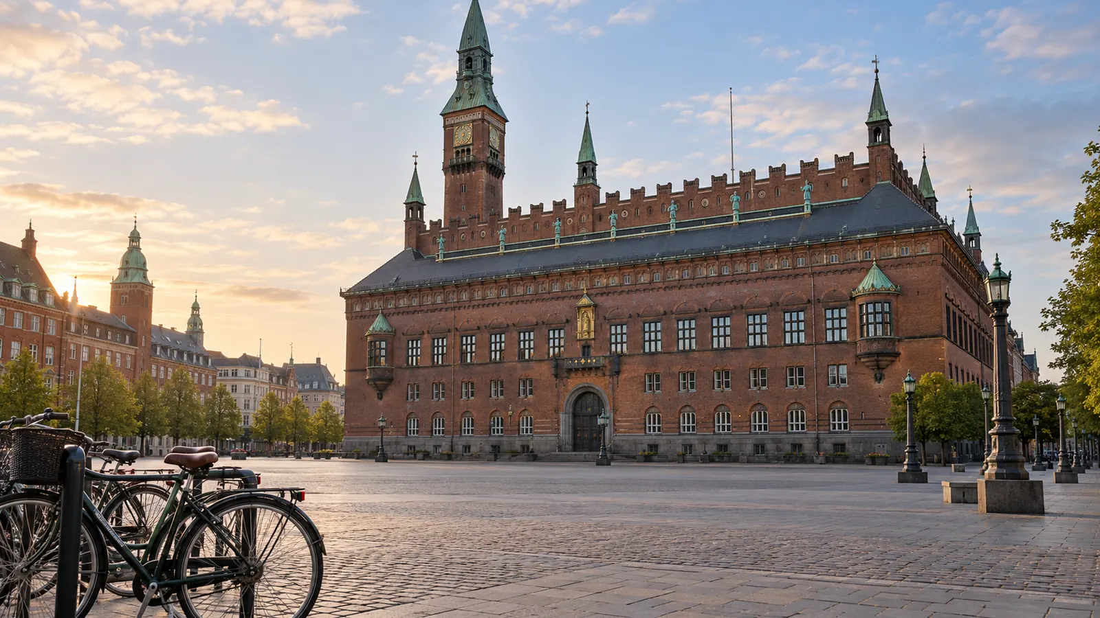 Københavns Rådhus ligger ud til en stille plads med parkerede cykler i blødt morgenlys.