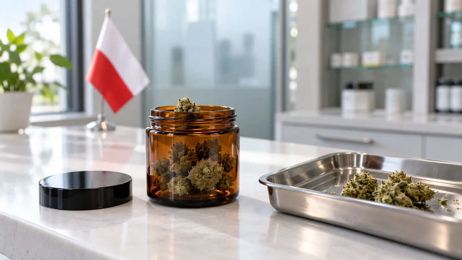 Tørrede cannabisblomster i et umærket ravfarvet glas på en apoteksdisk med et polsk flag i baggrunden.