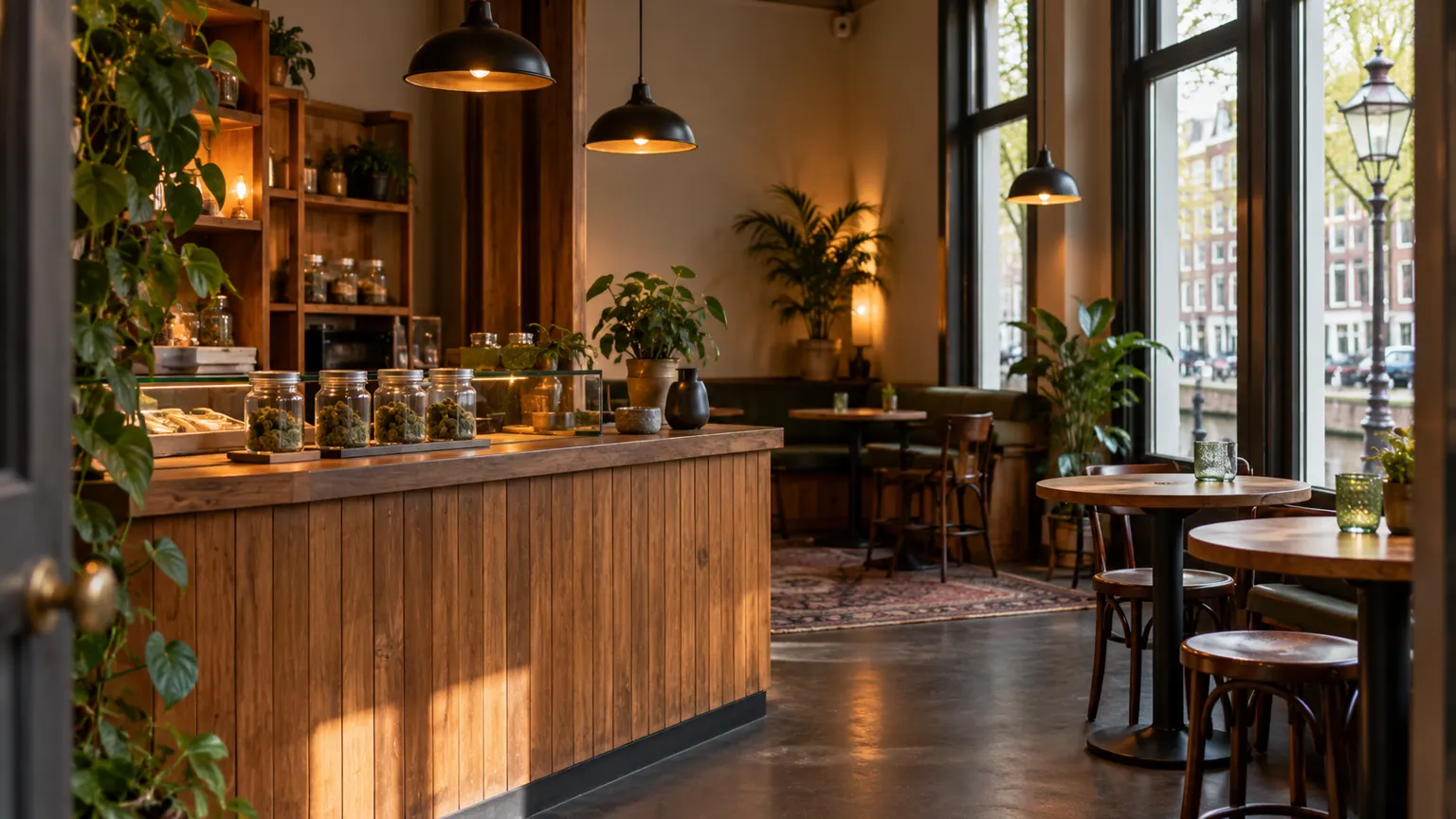 Ένα άδειο ολλανδικό coffeeshop με ξύλινο πάγκο, απλά βάζα με κάνναβη και μικρά τραπέζια καφετέριας.