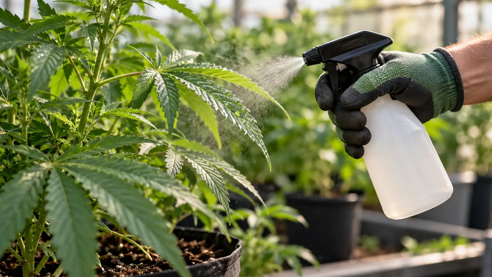 A gloved hand sprays a fine mist onto the leaves of a young cannabis plant.
