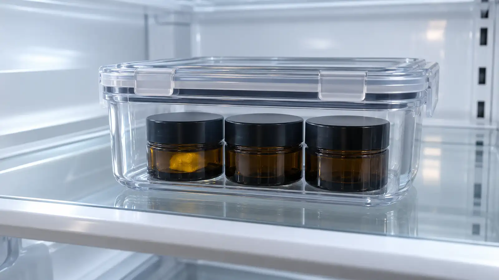 Sealed amber concentrate jars sit in an airtight container on a refrigerator shelf.