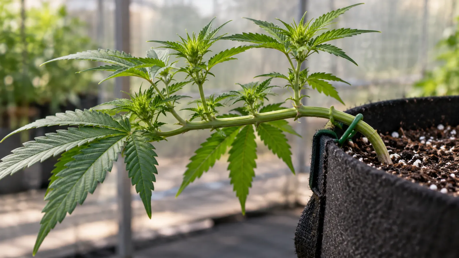 Un lien de jardin souple maintient une jeune tige de cannabis dans une courbe douce au-dessus d'un pot en tissu.