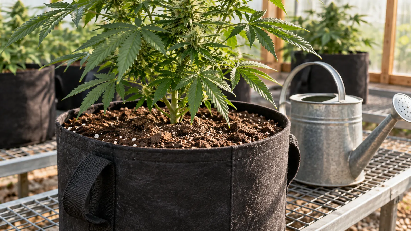 En tygkruka med cannabis står på en upphöjd bänk bredvid en vattenkanna.
