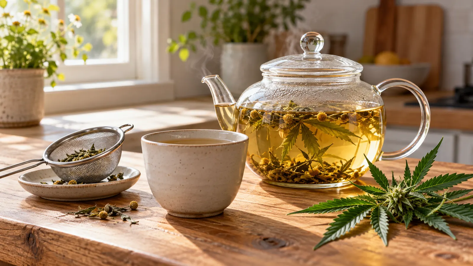 A glass teapot, ceramic cup and tea strainer sit beside a cannabis sprig.