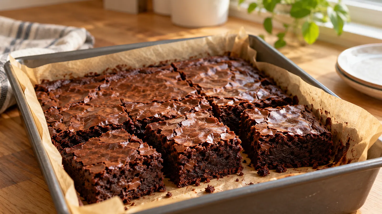 Fyrkanter av chokladbrownie svalnar i en bakplåt av metall klädd med bakplåtspapper.