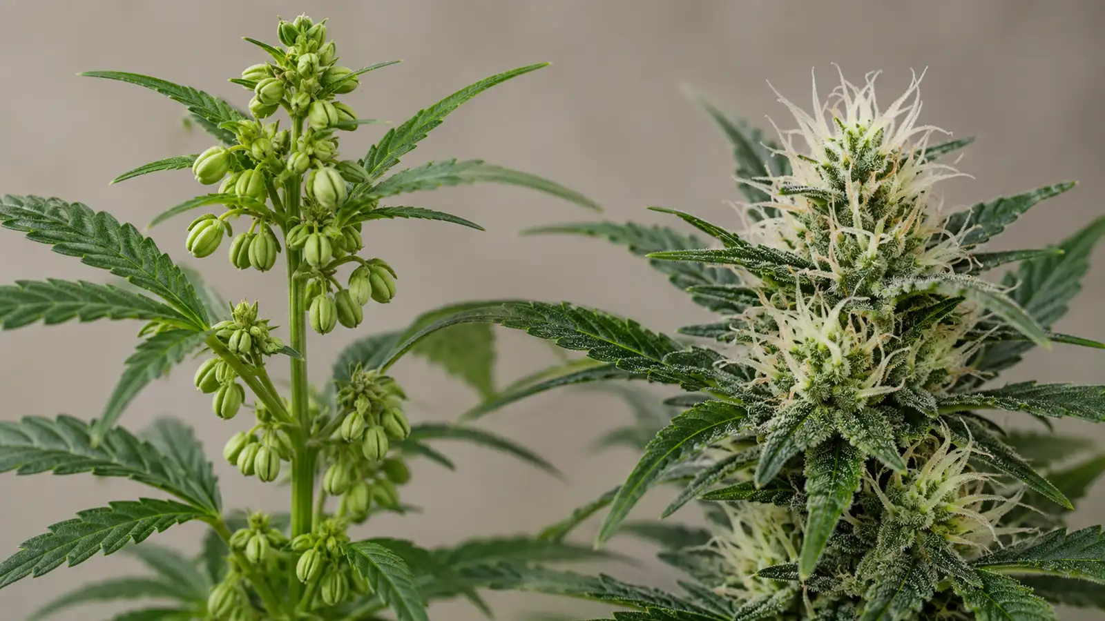Male cannabis plant with pollen sacs next to a female plant with white pistils