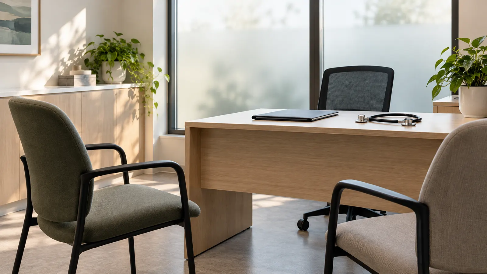 Two empty chairs face a desk with a stethoscope in a softly lit consultation room.