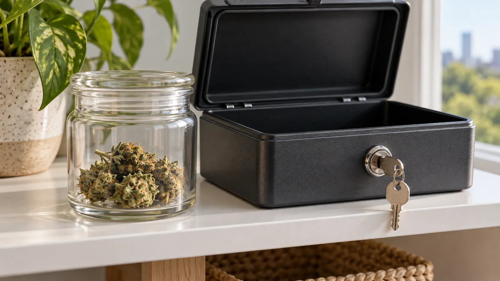 A closed jar of dried cannabis sits beside a lockable storage box on a shelf.