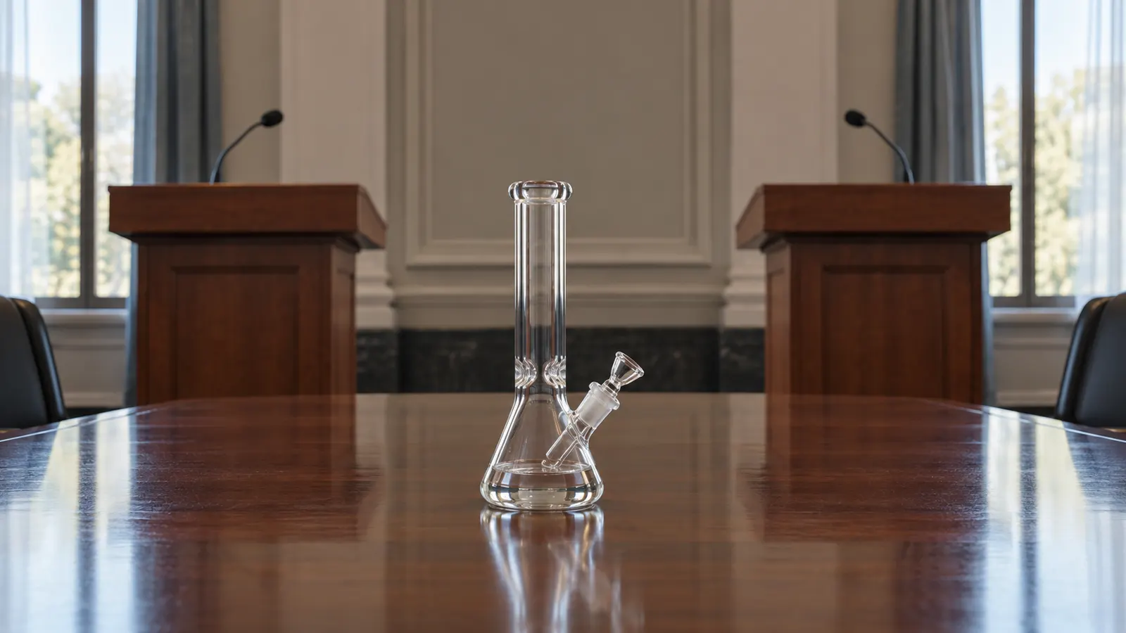 Obyčejný skleněný bong stojí na konferenčním stole před dvěma prázdnými řečnickými pulty.