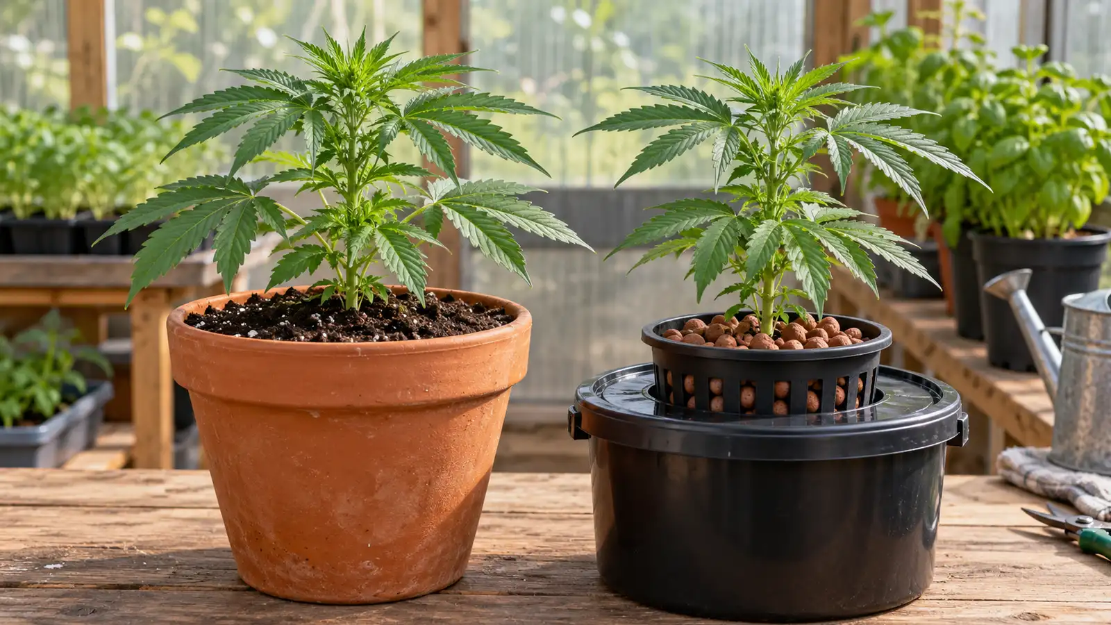 Young cannabis plants grow side by side in soil and a hydroponic net pot.