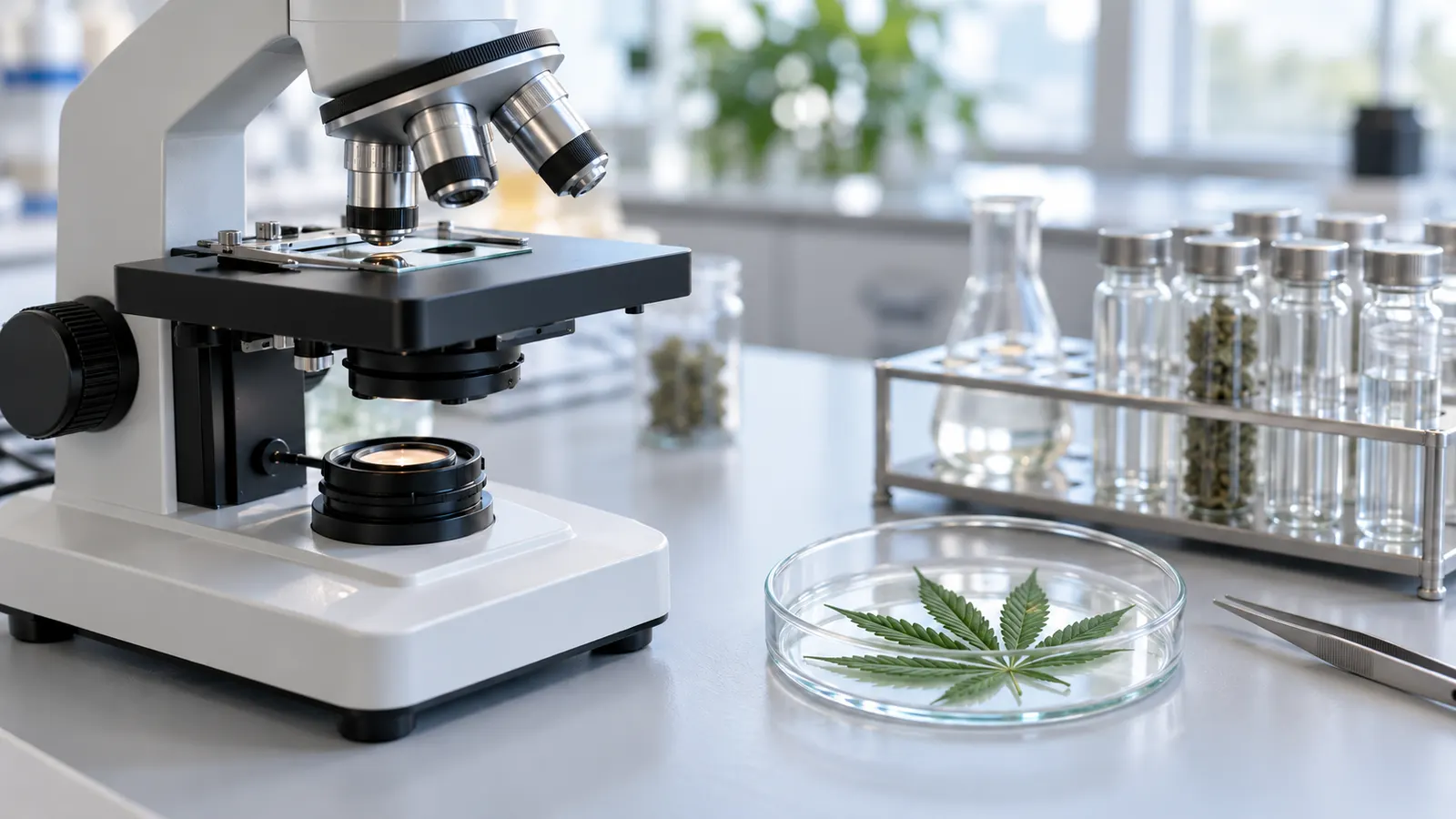 Et mikroskop og en prøve af et cannabisblad ligger på en ren laboratoriebænk.