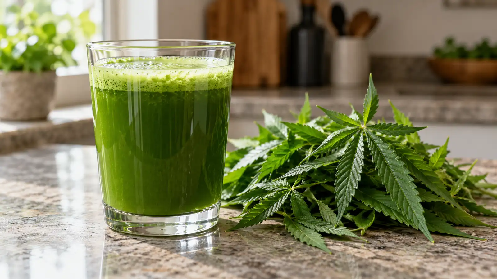 A glass of fresh green juice stands beside washed cannabis leaves on a stone counter.