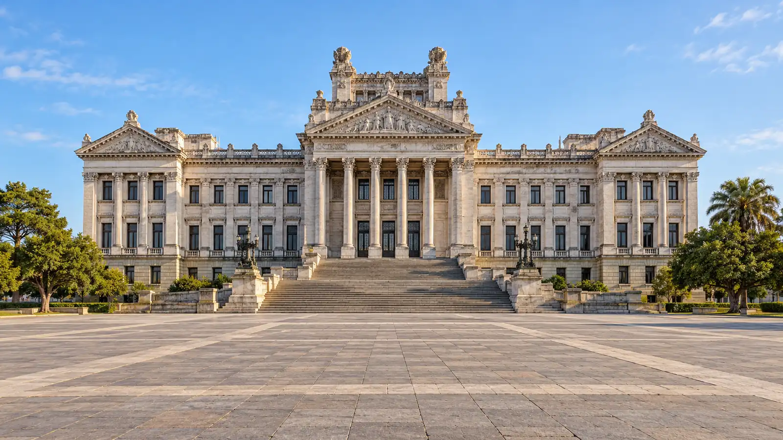 Morning sunlight falls across the Palacio Legislativo and its open plaza in Montevideo.