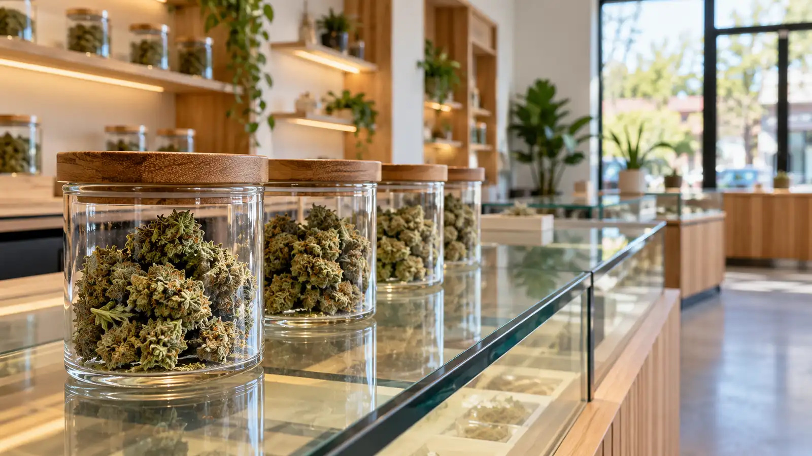 Plain jars of cannabis flowers line a glass counter in a contemporary shop.