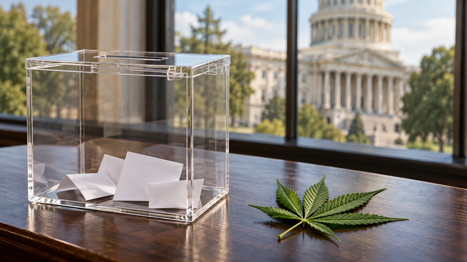 A clear ballot box with blank folded slips stands beside a cannabis leaf.