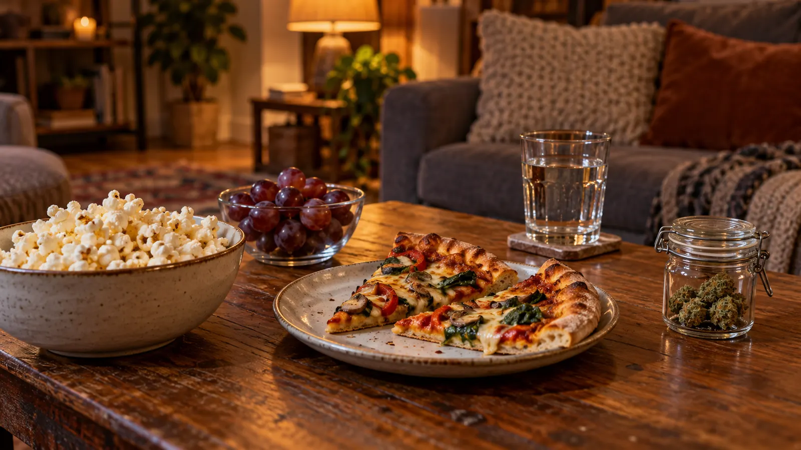 Popcorn, pizza, winogrona i woda na stoliku kawowym obok zamkniętego słoika konopi.