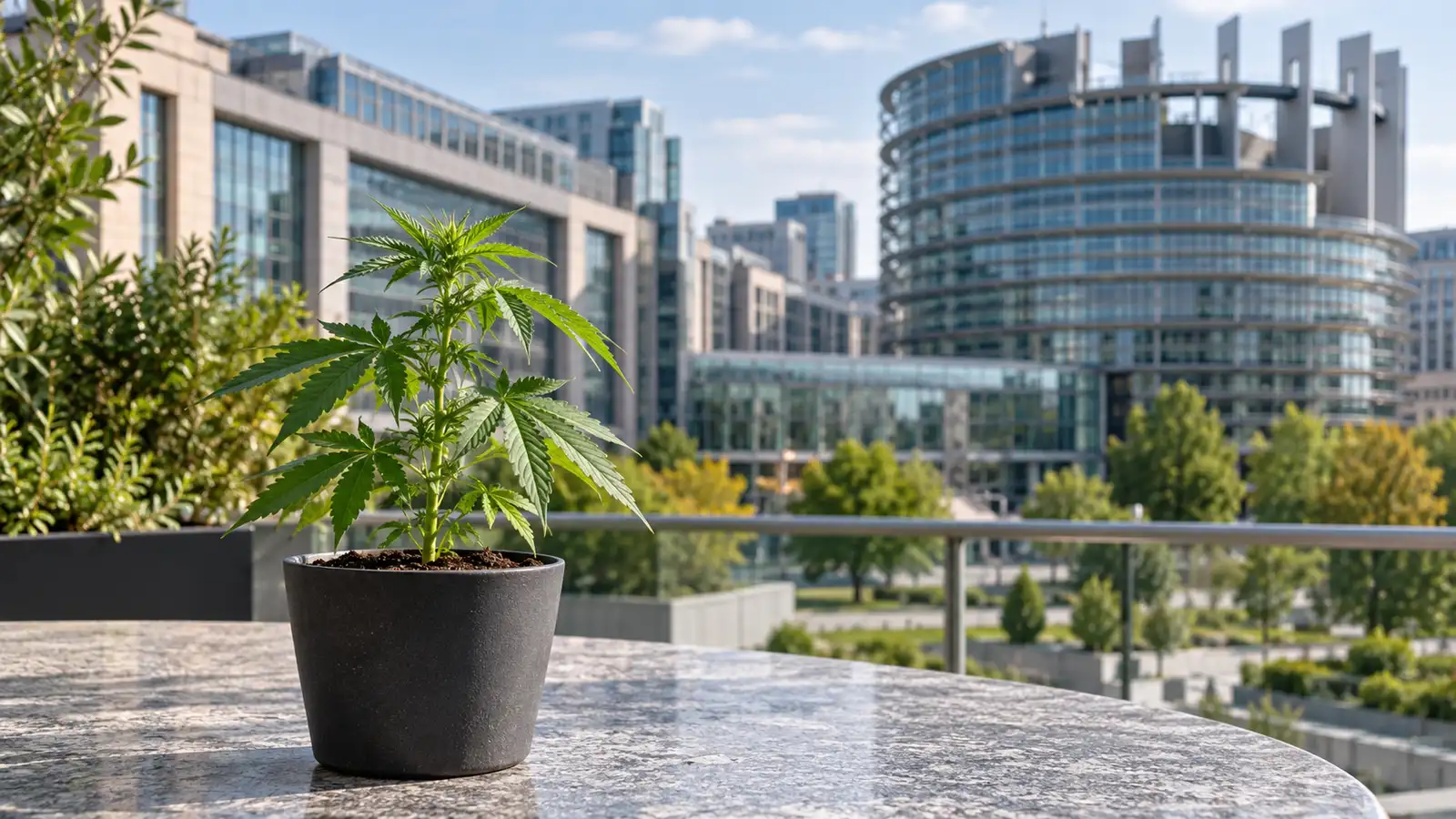 A cannabis plant sits on a terrace overlooking modern European civic buildings.