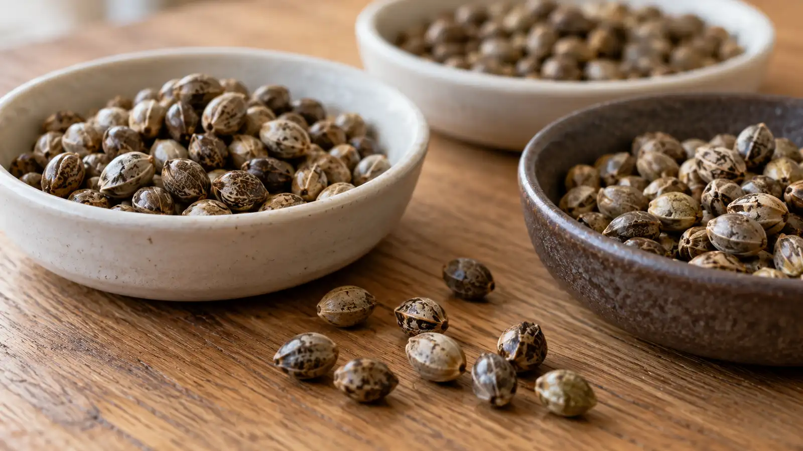 Mottled cannabis seeds fill small ceramic dishes on a wooden tabletop.