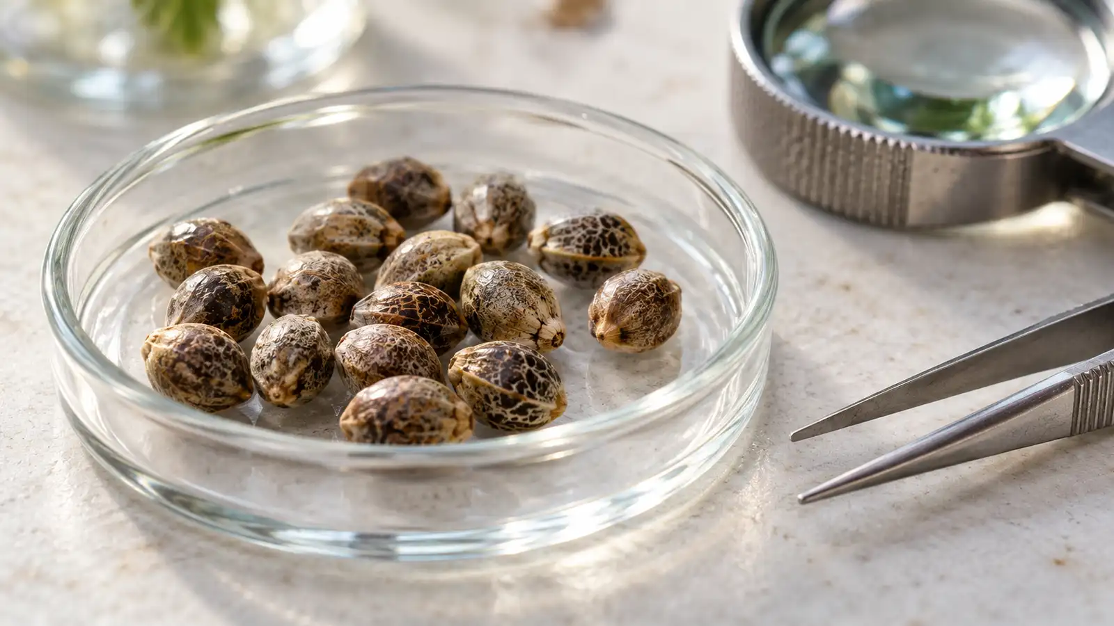 Mottled cannabis seeds sit in a glass dish beside tweezers and a magnifying lens.