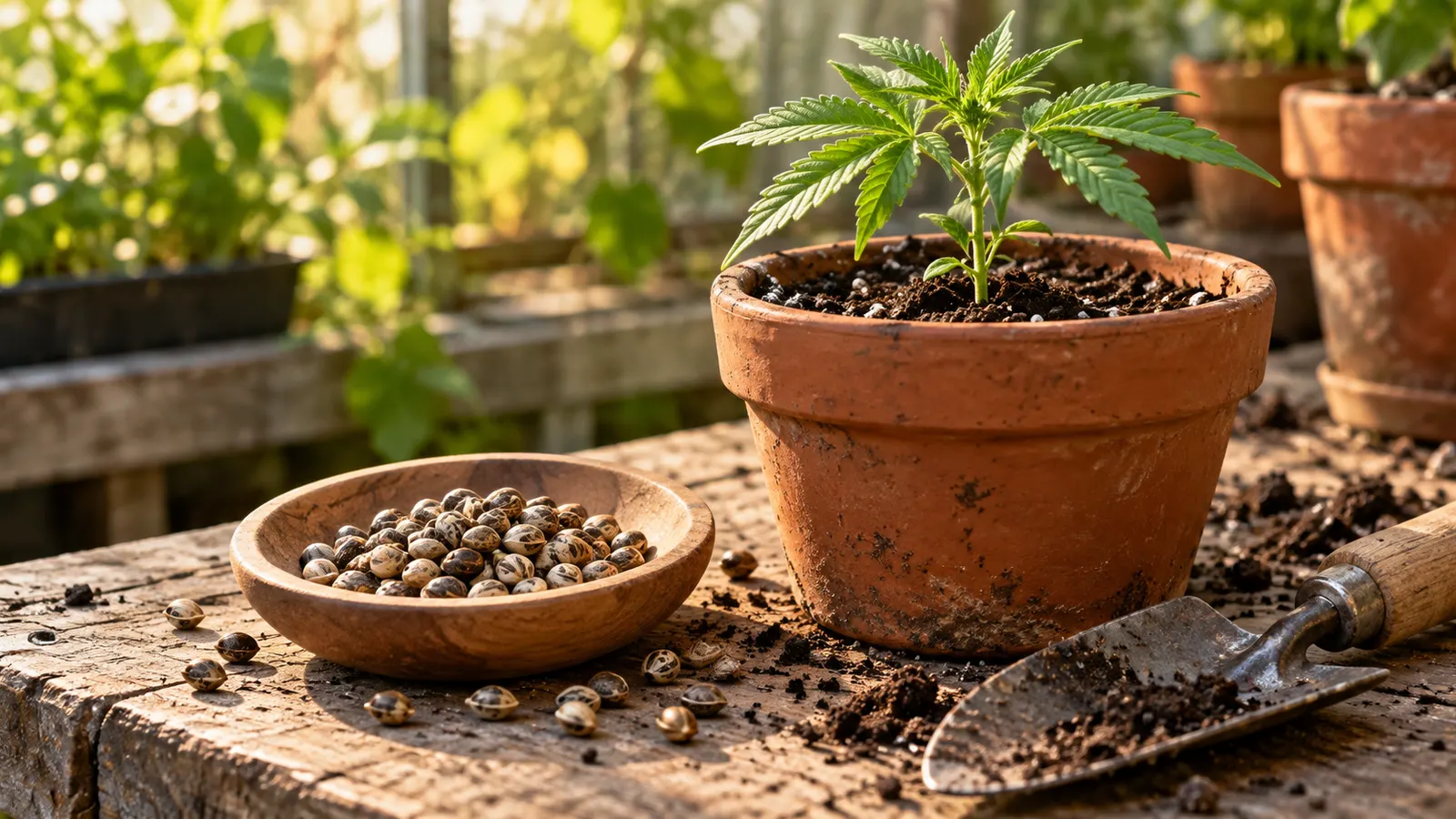 Cannabiszaden in een houten schaaltje staan naast een zaailing in een pot en een tuinschepje.