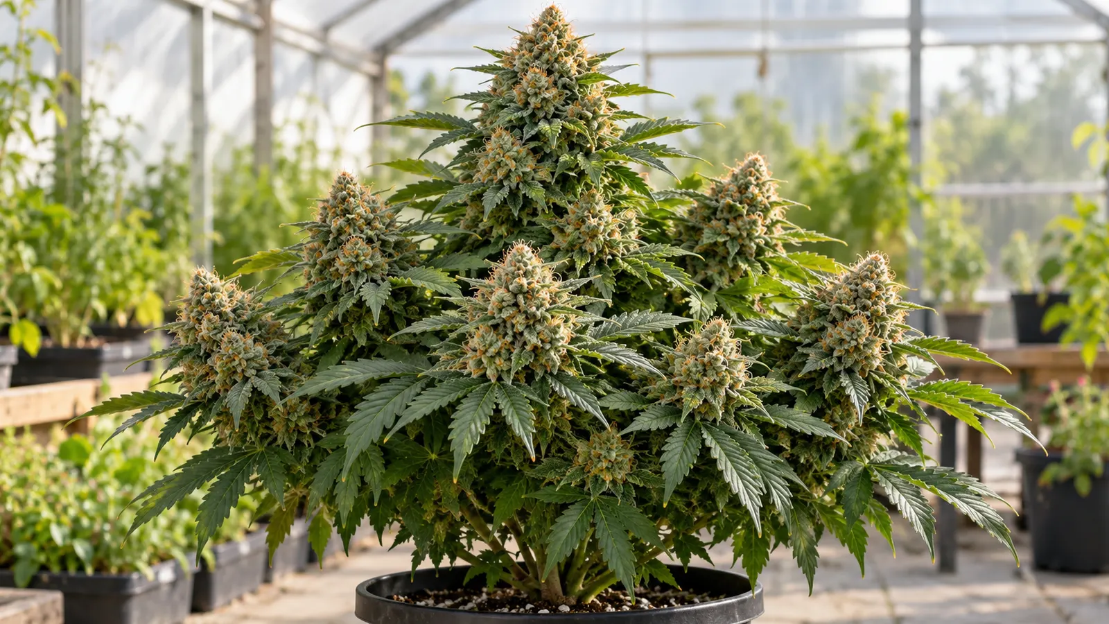 En kompakt cannabisplante har brede grønne blade og tætte blomster på robuste grene.