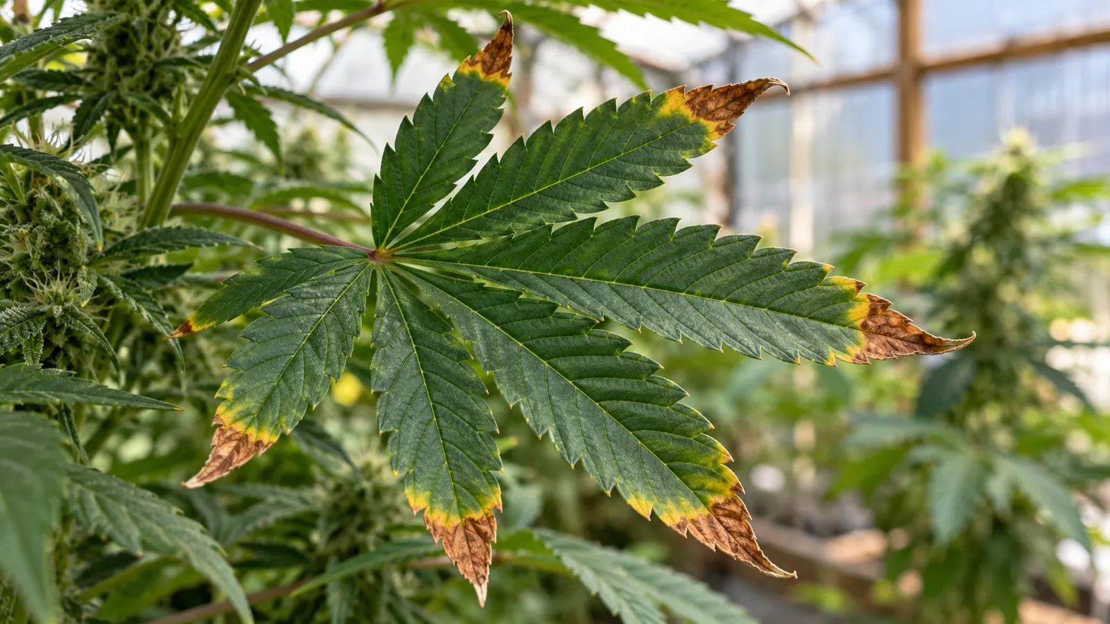 Et mørkegrønt cannabisblad har sprøde brune spidser med smalle gule kanter.