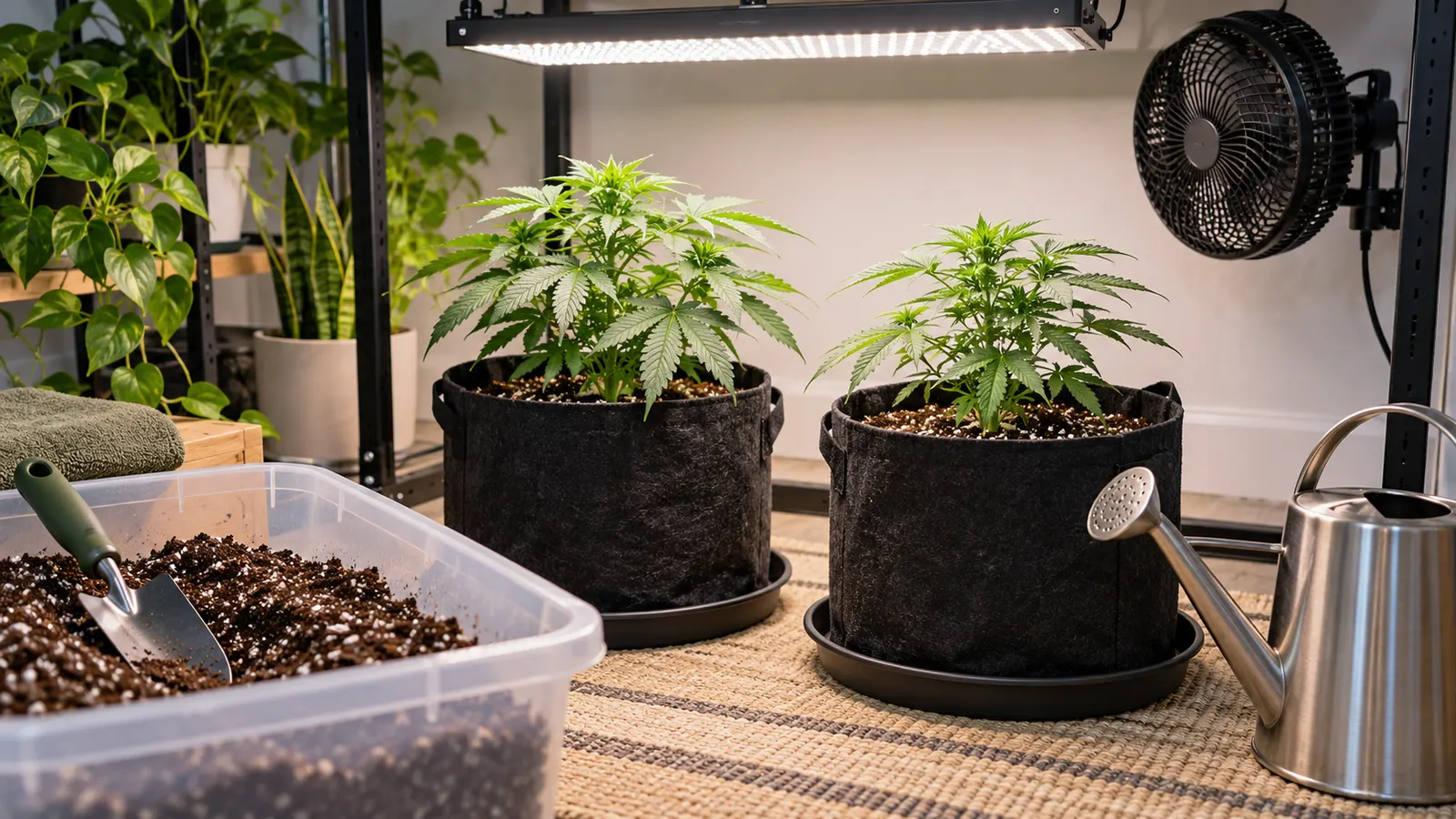 Potter, jord, værktøj og to unge cannabisplanter står i et ryddeligt indendørs dyrkningsområde.
