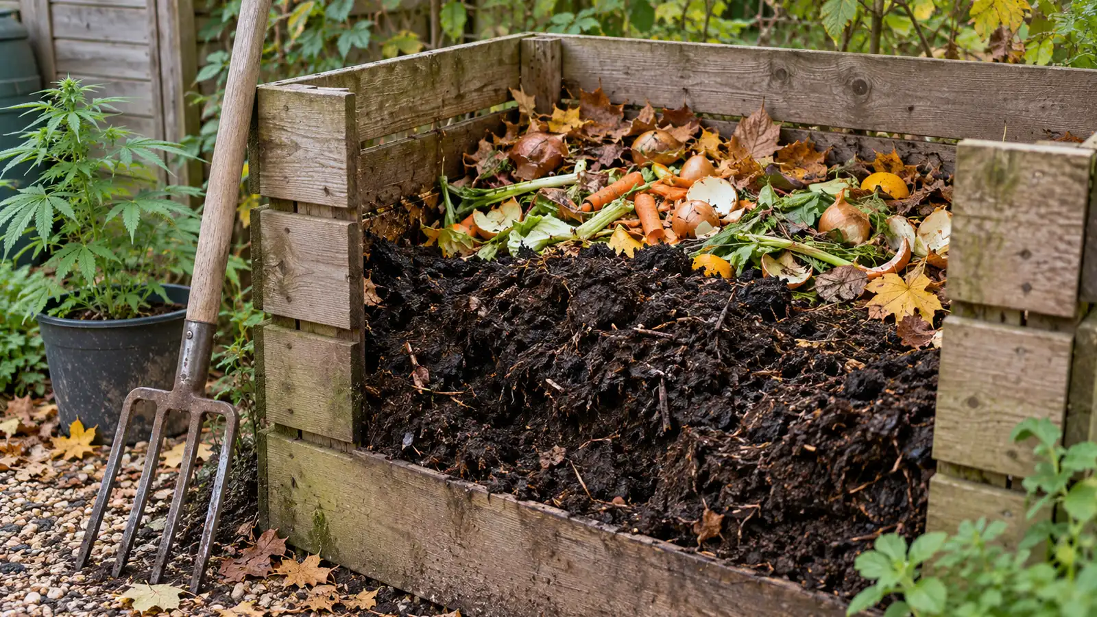An open wooden compost bin holds dark compost, vegetable scraps and dry leaves.