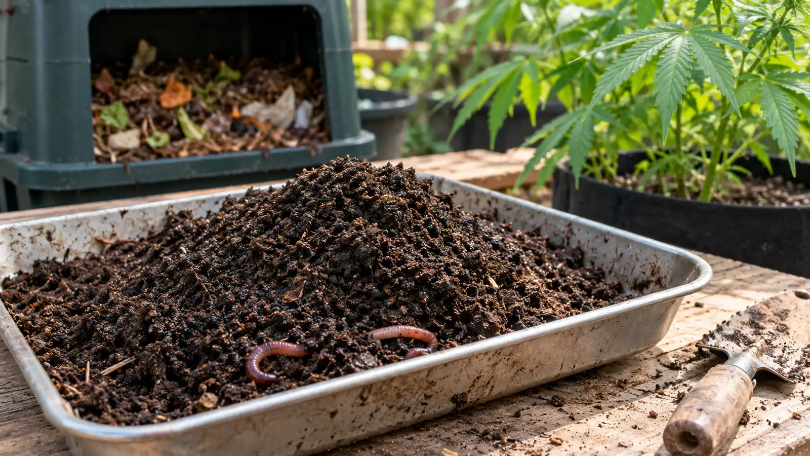 Dark worm castings and two compost worms sit in a shallow tray beside a hand trowel.