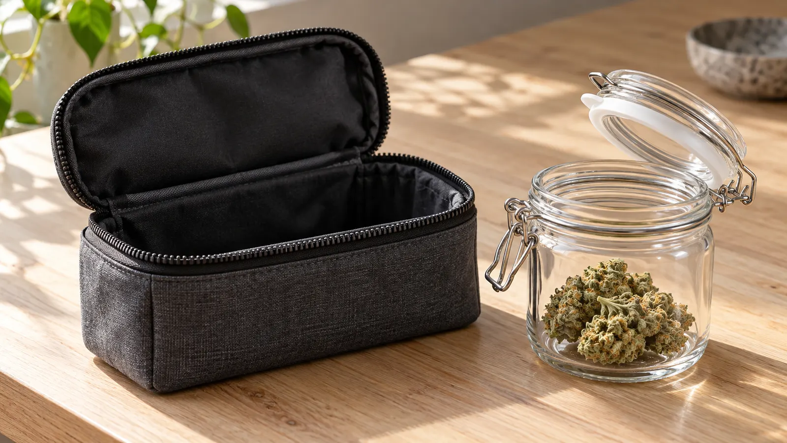 Une pochette de rangement doublée à côté d'un bocal en verre pour cannabis avec un joint d'étanchéité visible.
