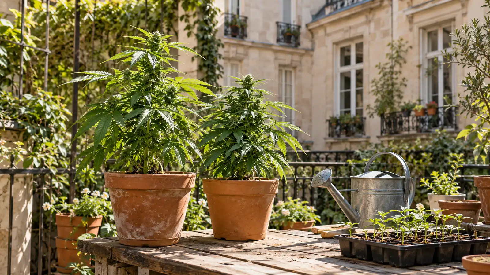 Potted cannabis plants and seedlings grow in a sunlit Parisian courtyard garden.