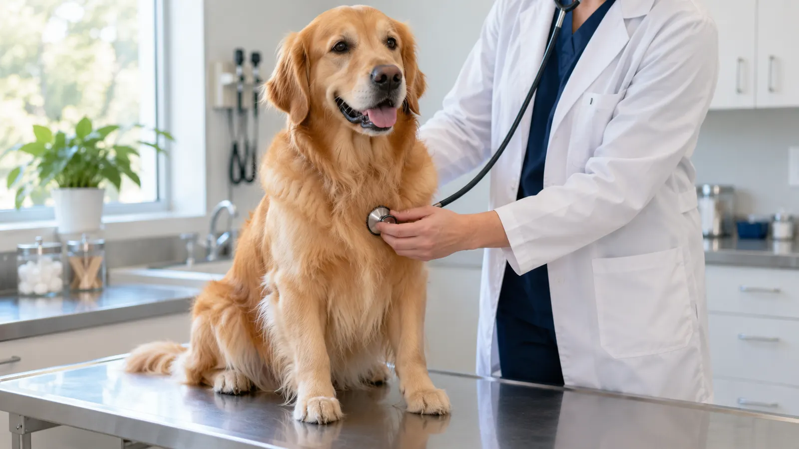 Veterinář vyšetřuje klidného zlatého retrívra stetoskopem.