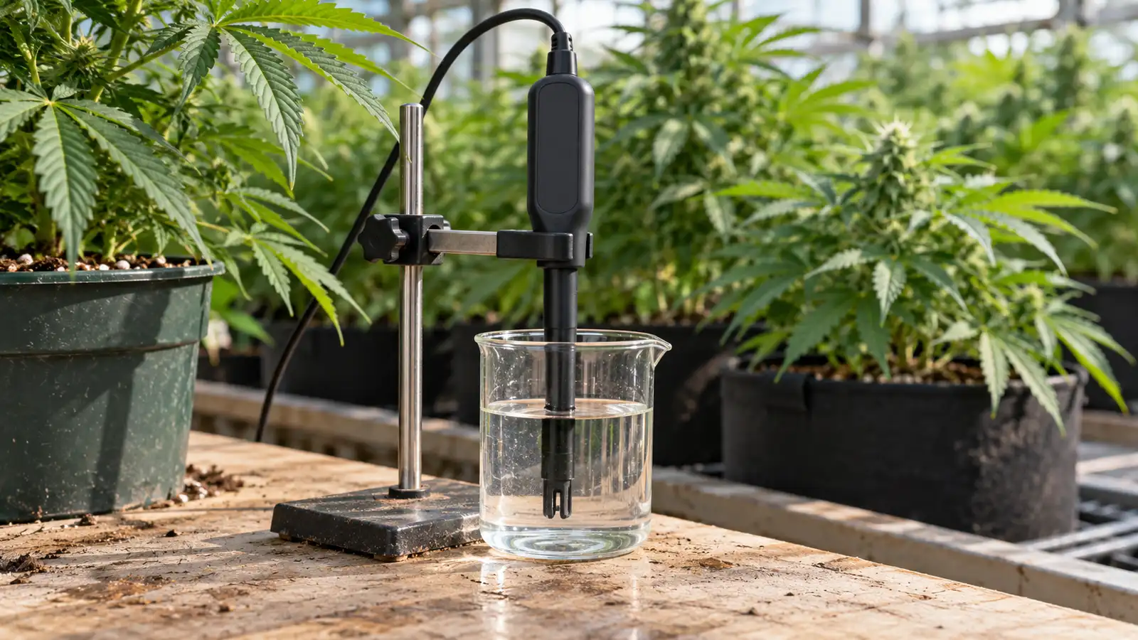 A pH probe sits in a glass of irrigation water beside potted cannabis plants.