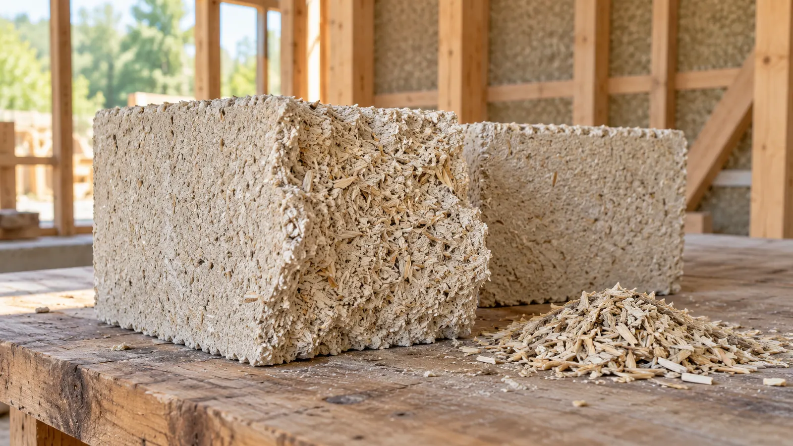 Porous hempcrete blocks and loose hemp shiv rest on a wooden workshop bench.