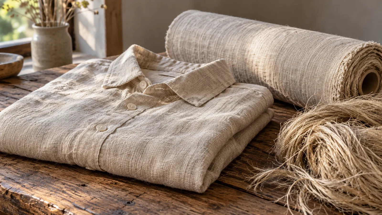 A folded hemp shirt rests beside undyed woven fabric and loose hemp fibers.