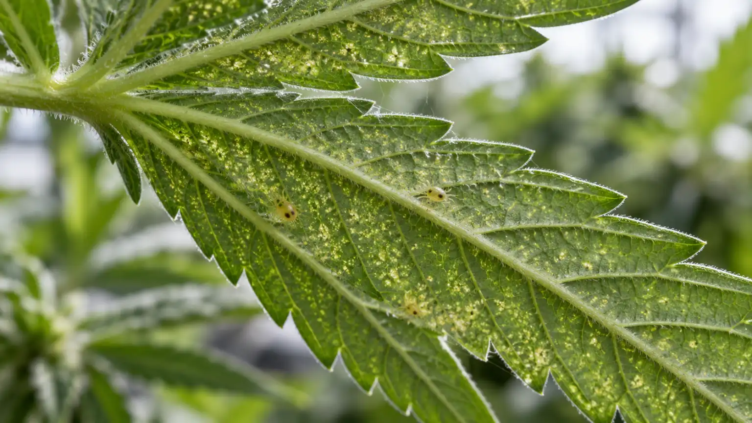 Tiny spider mites and fine webbing appear on the underside of a speckled cannabis leaf.