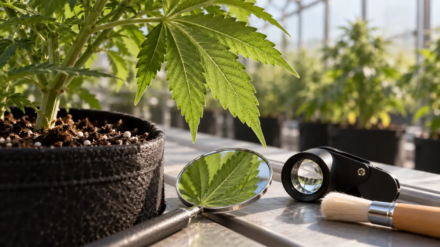 A magnifying loupe and soft brush sit beside a cannabis leaf on a greenhouse bench.