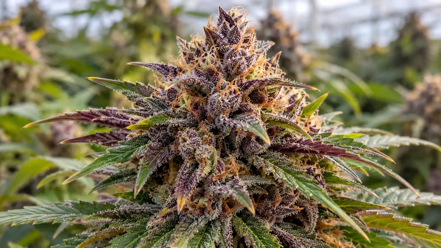 Purple cannabis bracts contrast with green leaves and orange pistils.