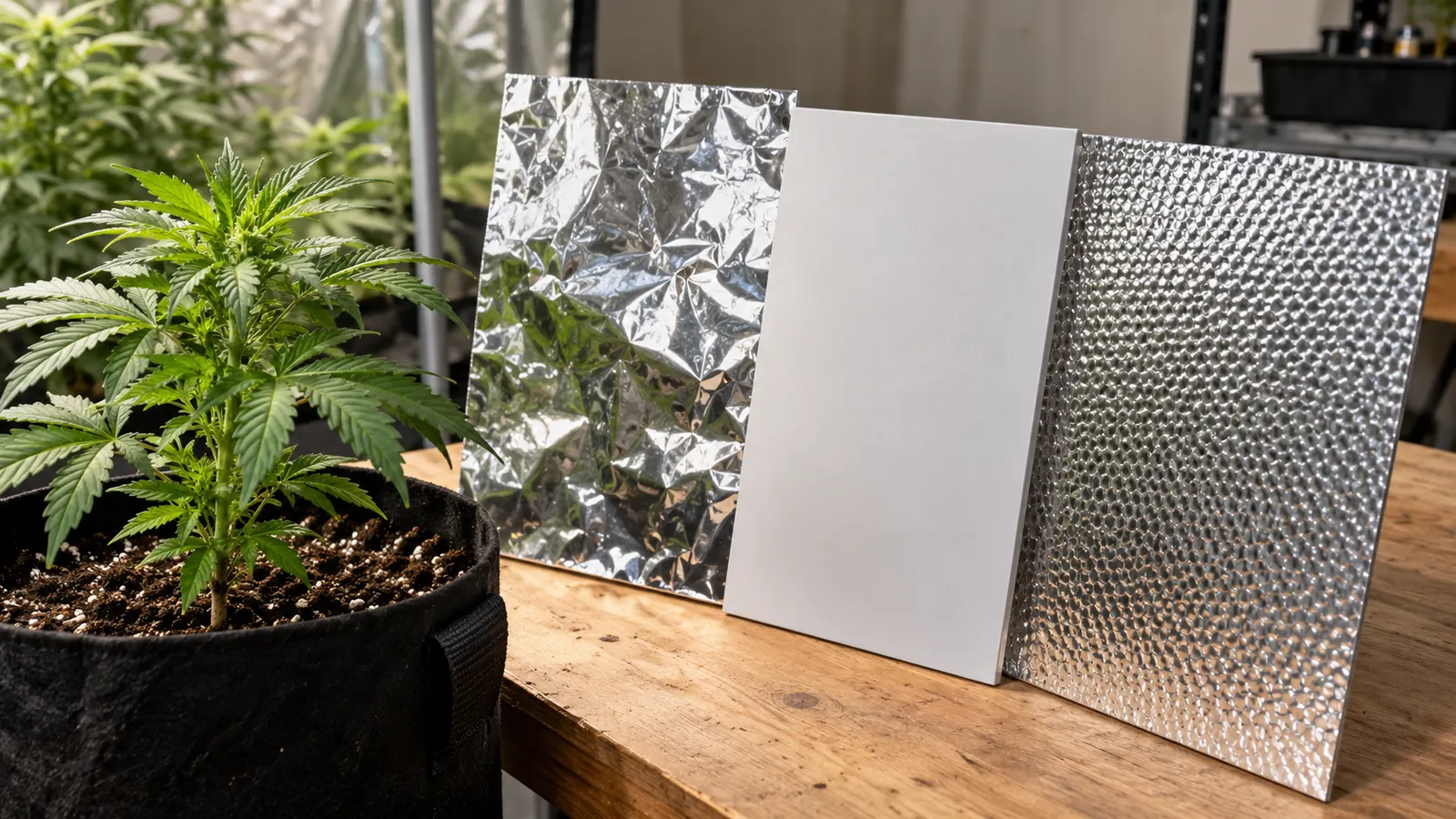 Sølvfarvede reflekterende plader og et mat hvidt panel står ved siden af en ung cannabisplante.