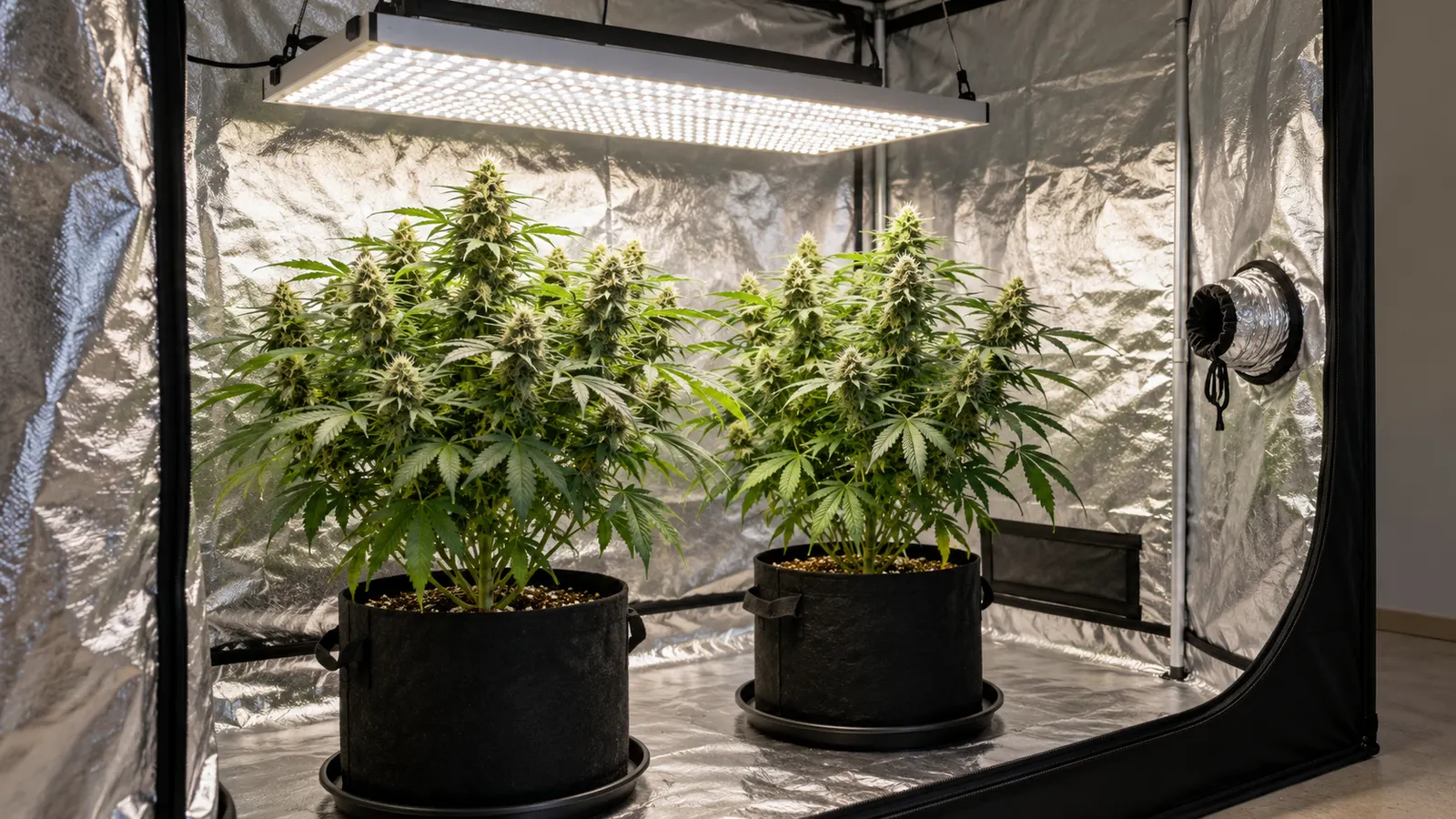 Reflekterende teltvægge omgiver to cannabisplanter under et hvidt grolys.
