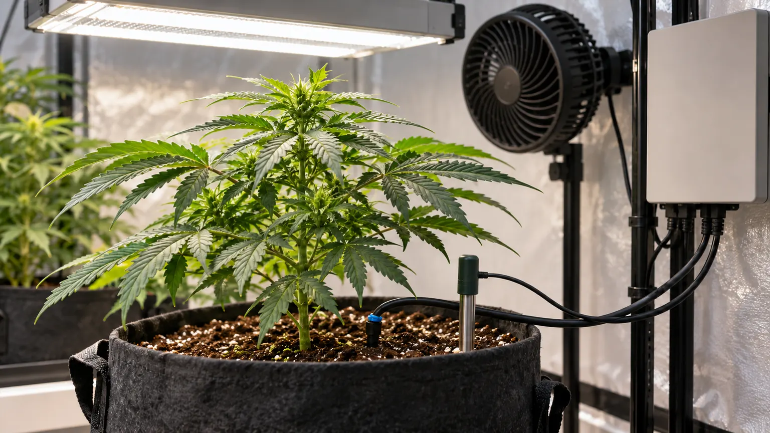 A potted cannabis plant has drip irrigation, a soil probe and a small circulation fan nearby.