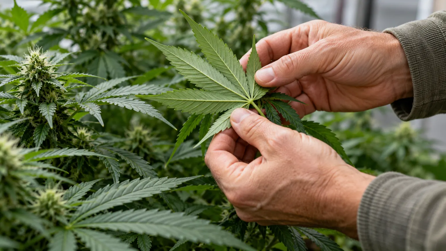 An adult gardener gently turns over a cannabis leaf to inspect its underside.