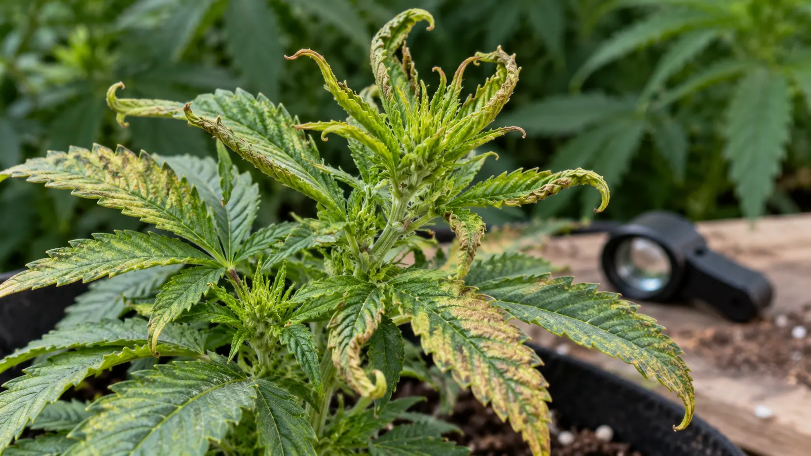 Bronzefarvede, krøllede cannabisblade og hæmmet nyvækst ligger over en lup.